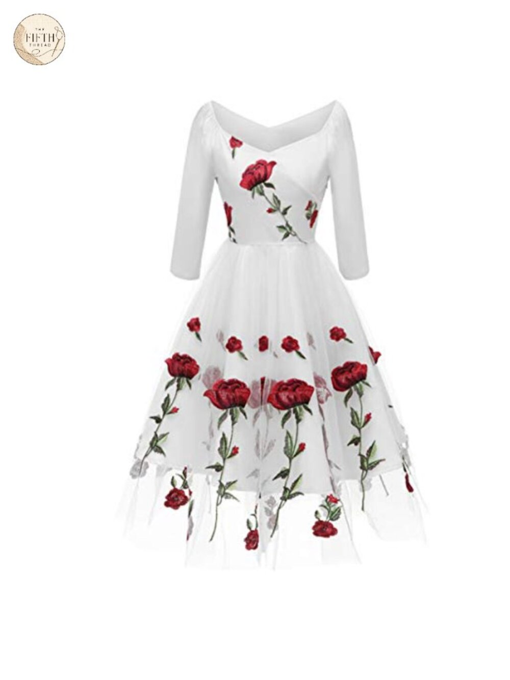 Vintage Off Shoulder Rose Embroidered Floral Evening Midi Dress Wedding Cocktail